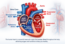 Functions of the Heart: How Your Heart Keeps You Healthy Human heart anatomy showing right and left atria, right and left ventricles, major arteries, and blood flow directions