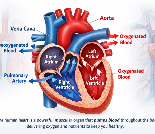 Human heart anatomy showing right and left atria, right and left ventricles, major arteries, and blood flow directions