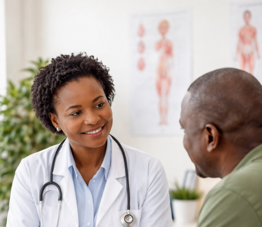 African doctor explaining constipation prevention to patient in clinic