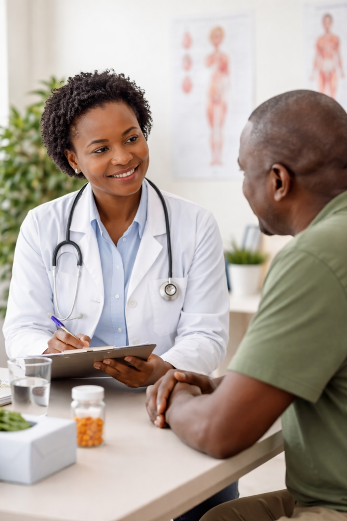 African doctor explaining constipation prevention to patient in clinic