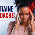 Person holding head in pain with visual representation of migraine headache affecting the brain, illustrating severe headache symptoms