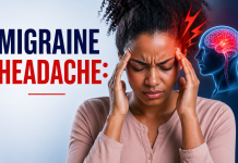 Person holding head in pain with visual representation of migraine headache affecting the brain, illustrating severe headache symptoms