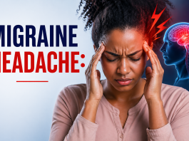 Person holding head in pain with visual representation of migraine headache affecting the brain, illustrating severe headache symptoms