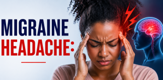 Person holding head in pain with visual representation of migraine headache affecting the brain, illustrating severe headache symptoms
