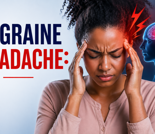 Person holding head in pain with visual representation of migraine headache affecting the brain, illustrating severe headache symptoms