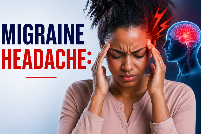 Person holding head in pain with visual representation of migraine headache affecting the brain, illustrating severe headache symptoms
